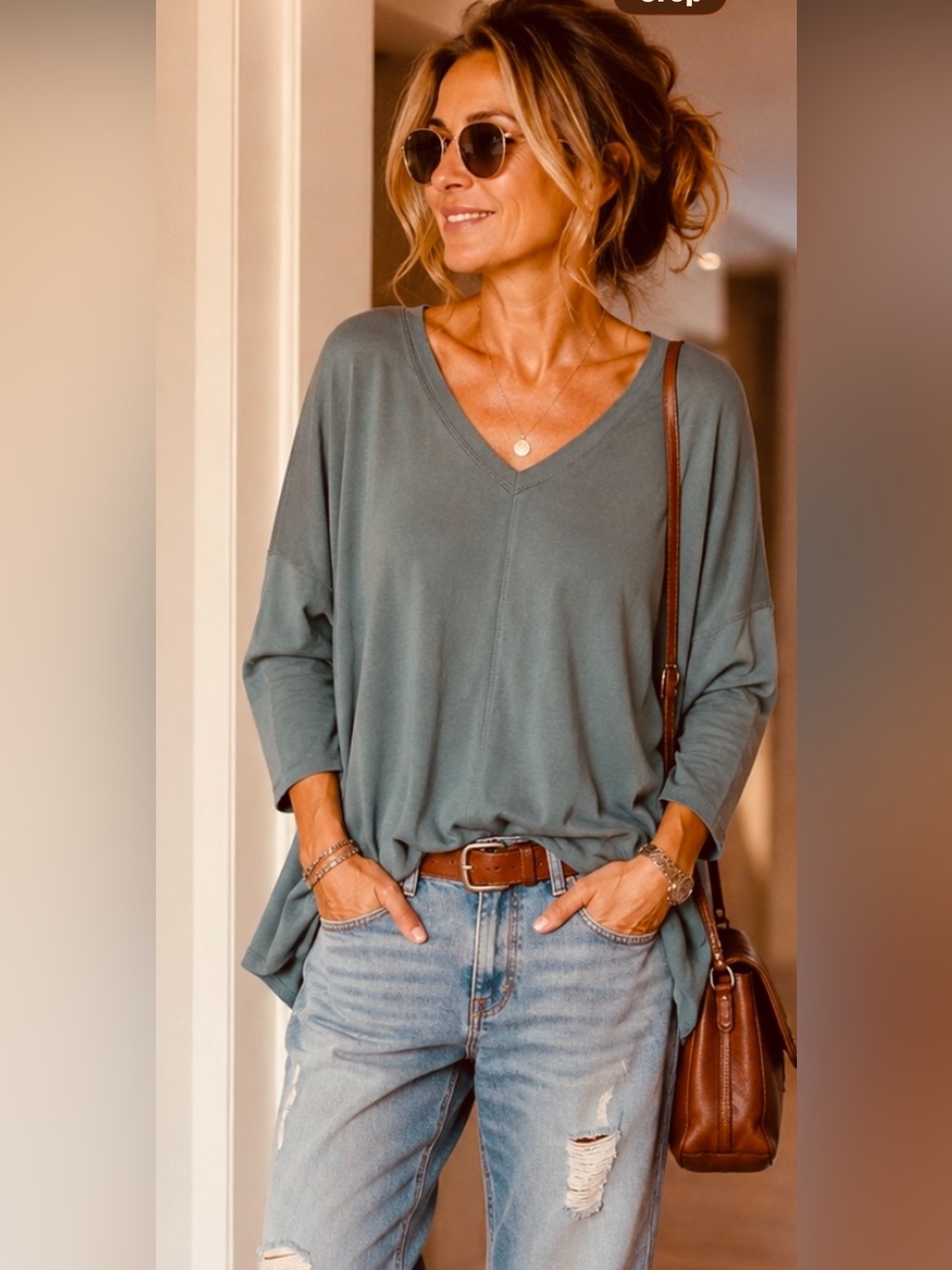 Luxe Basic Tee long sleeve Sage Green Relaxed Slouch Soft Drapey V-Neck Sz. M/L